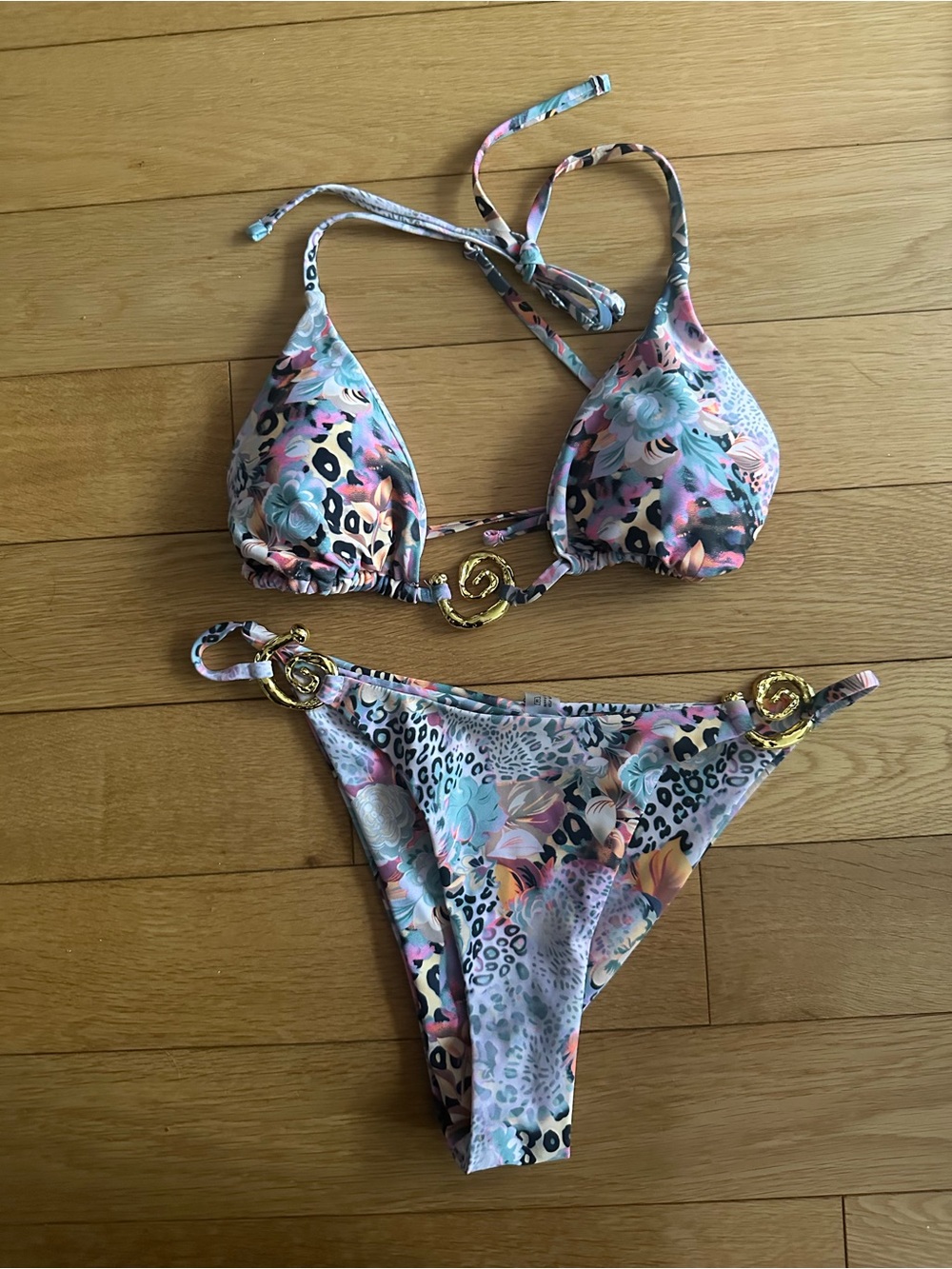 Fashion Nova Floral Leopard Print Bikini in Pink, Blue, Cream